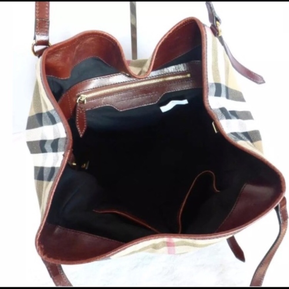 Burberry Tan Plaid Canvas Tote with Brown Leather Trim - Picture 3 of 8
